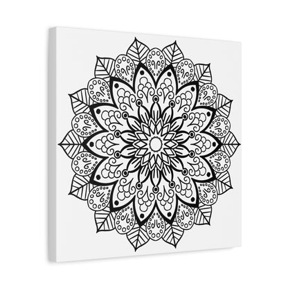 Handmade mandala art in black and white, displayed on matte canvas, stretched to 125 inches