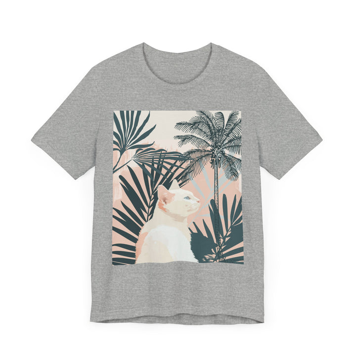 Chic cat tee with a trendy palm leaf and stylish kitty