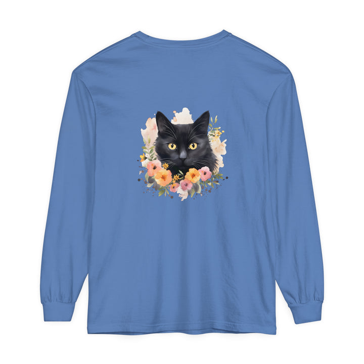 Black Cat Floral Portrait Unisex T-Shirt featuring a beautiful feline design with vibrant flowers on a comfortable, gender-neutral tee