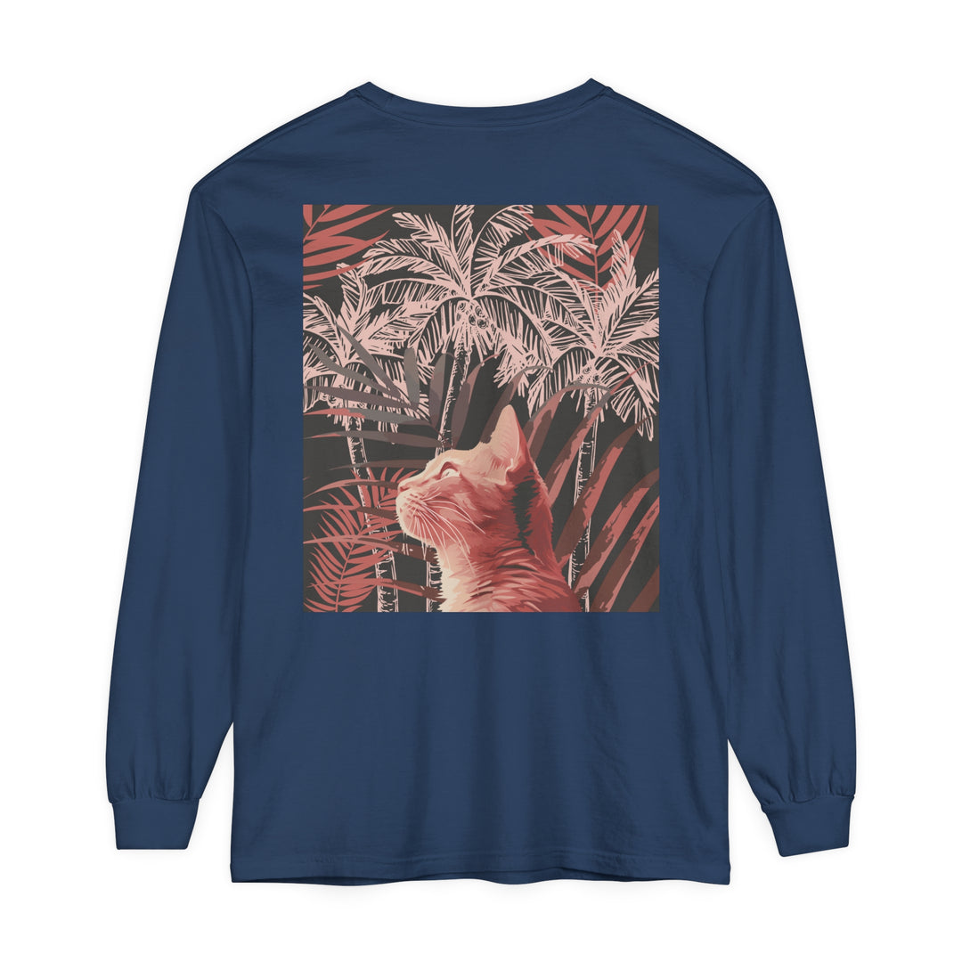 A comfortable and stylish t-shirt featuring a ginger cat and palm tree design