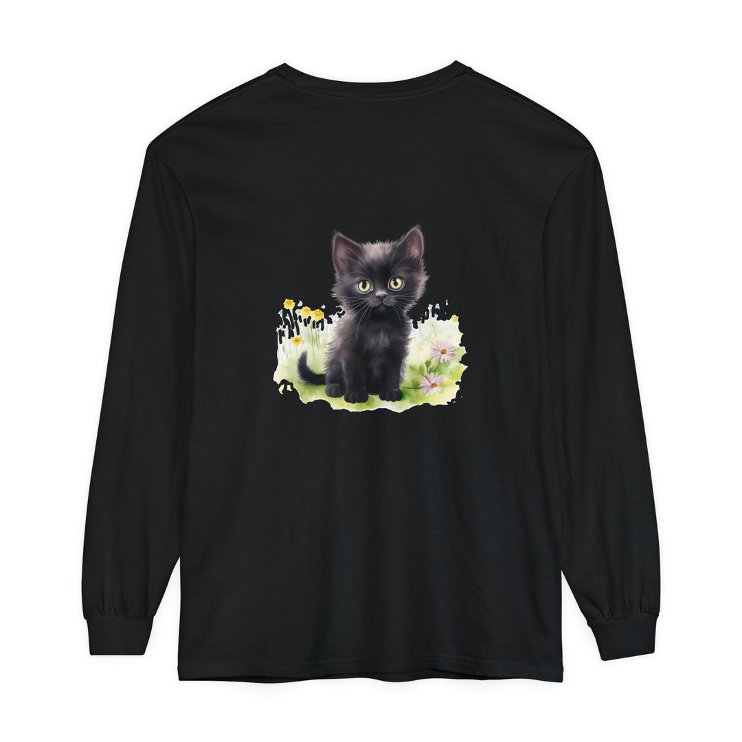 Adorable black kitten surrounded by colorful flowers on a cozy long sleeve t-shirt