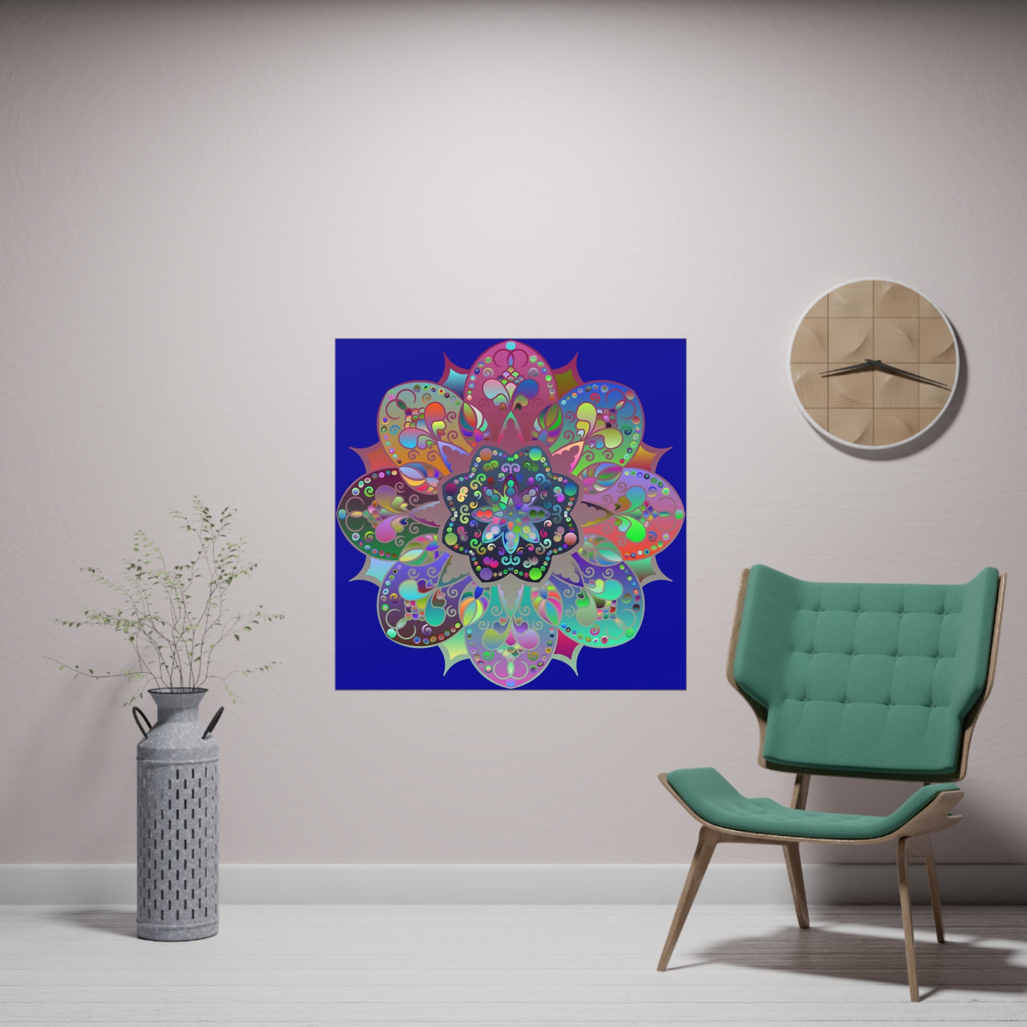 Square matte paper poster featuring a hand-drawn bright mandala art in dark blue