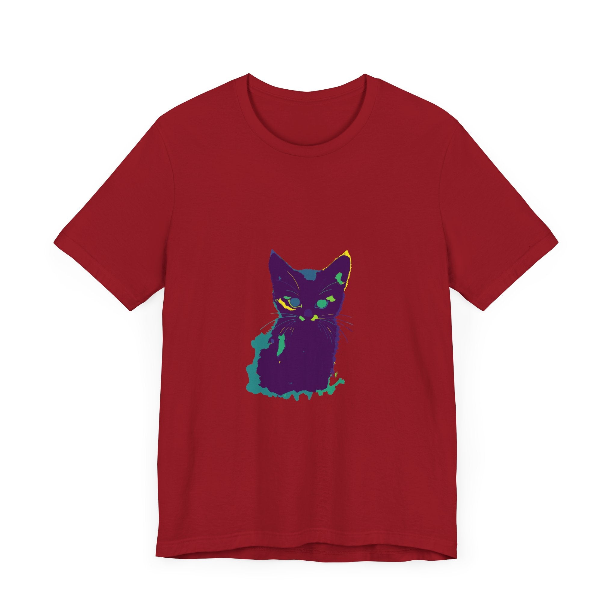 A colorful whimsical cat silhouette tee, perfect for cat lovers