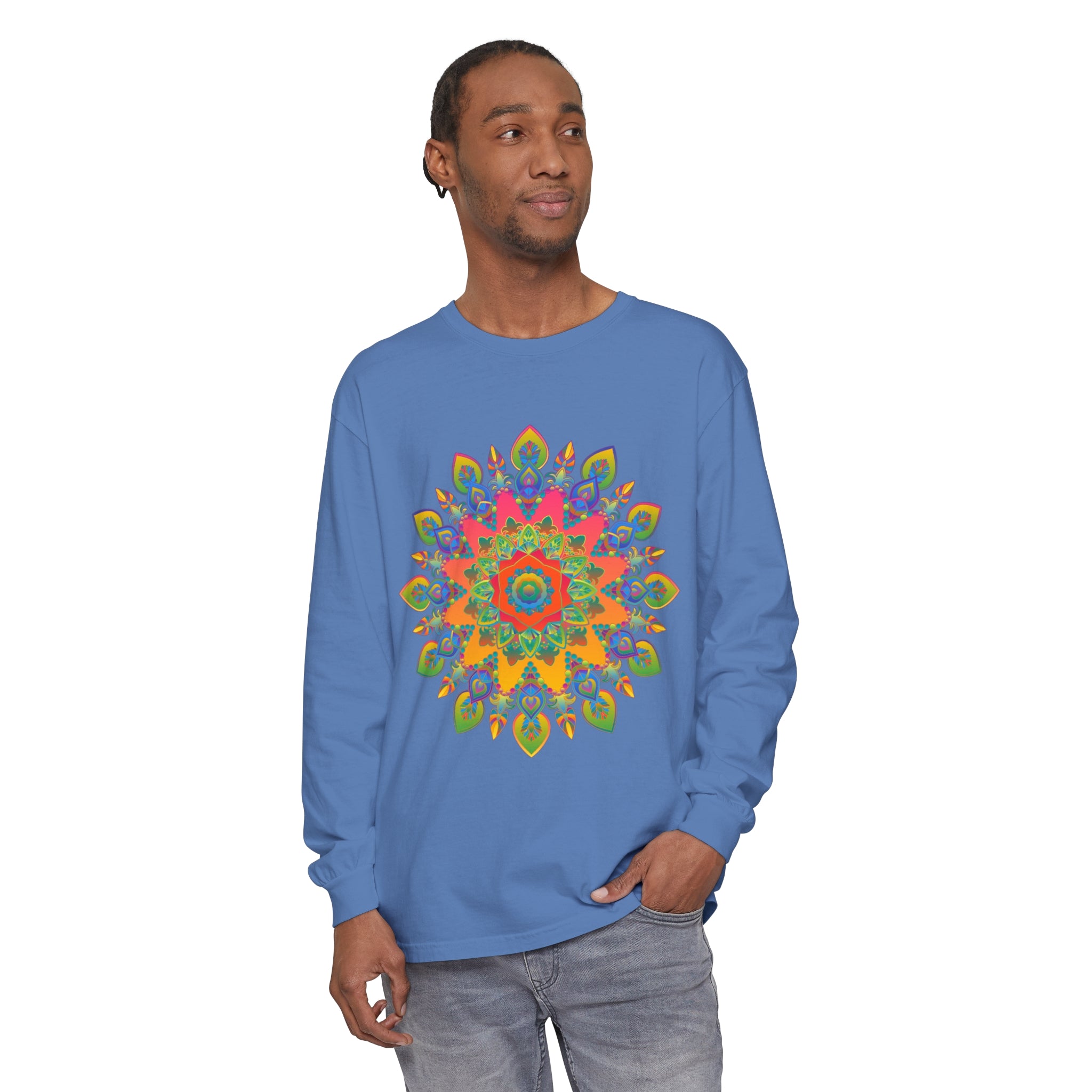 Vibrant Mandala Unisex Long Sleeve T-Shirt in multiple colors and sizes