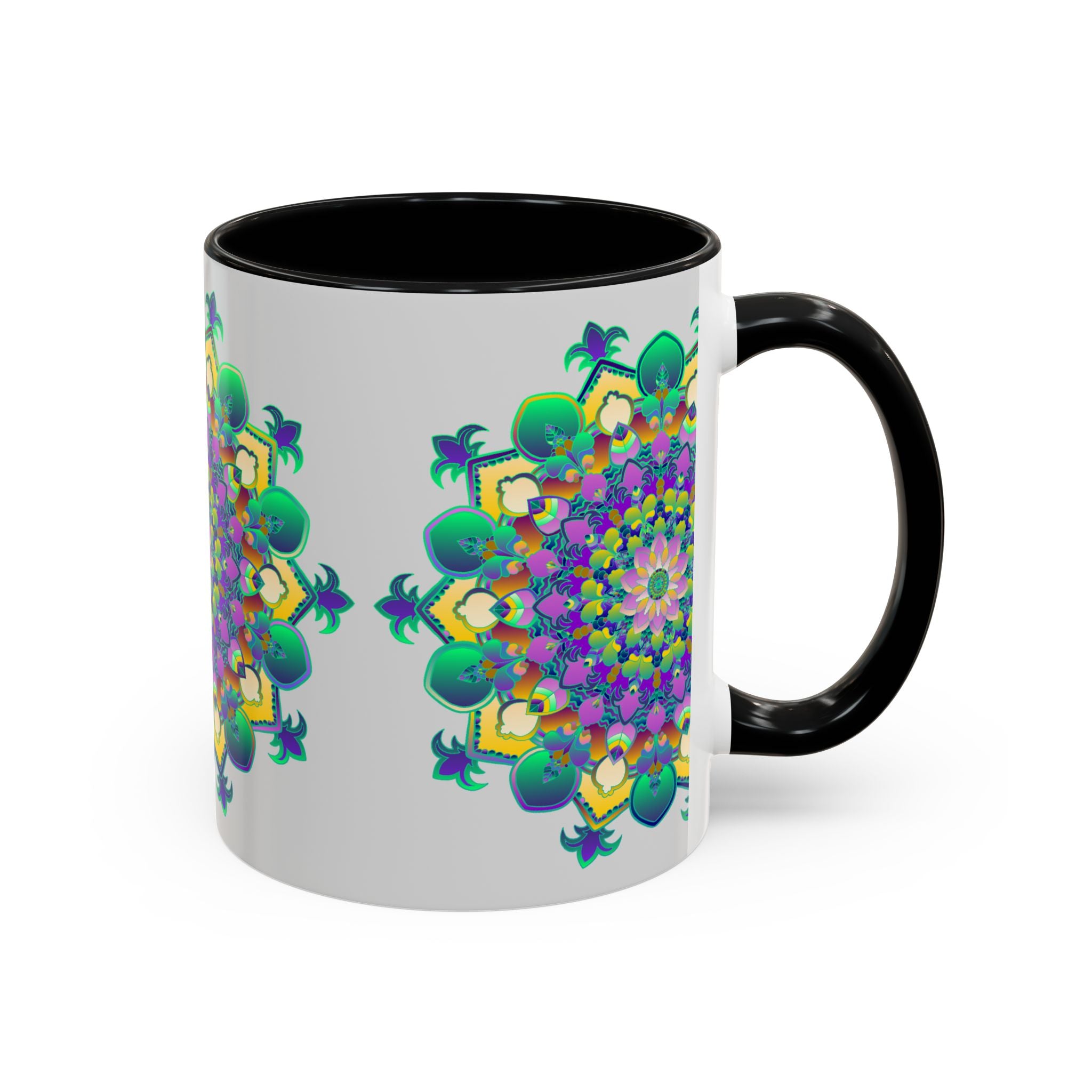 Vibrant Mandala Art Mug in Light Grey with intricate floral and geometric patterns, perfect for adding a pop of color to your morning coffee routine