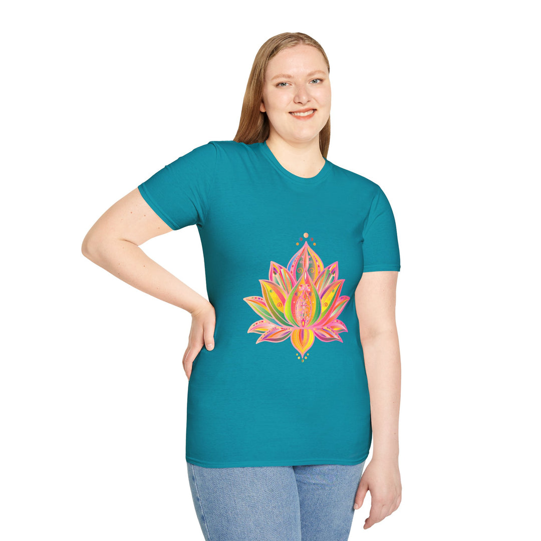 Lotus Mandala Unisex T-Shirt featuring a hand-drawn unique design by Blululi, perfect for both men and women