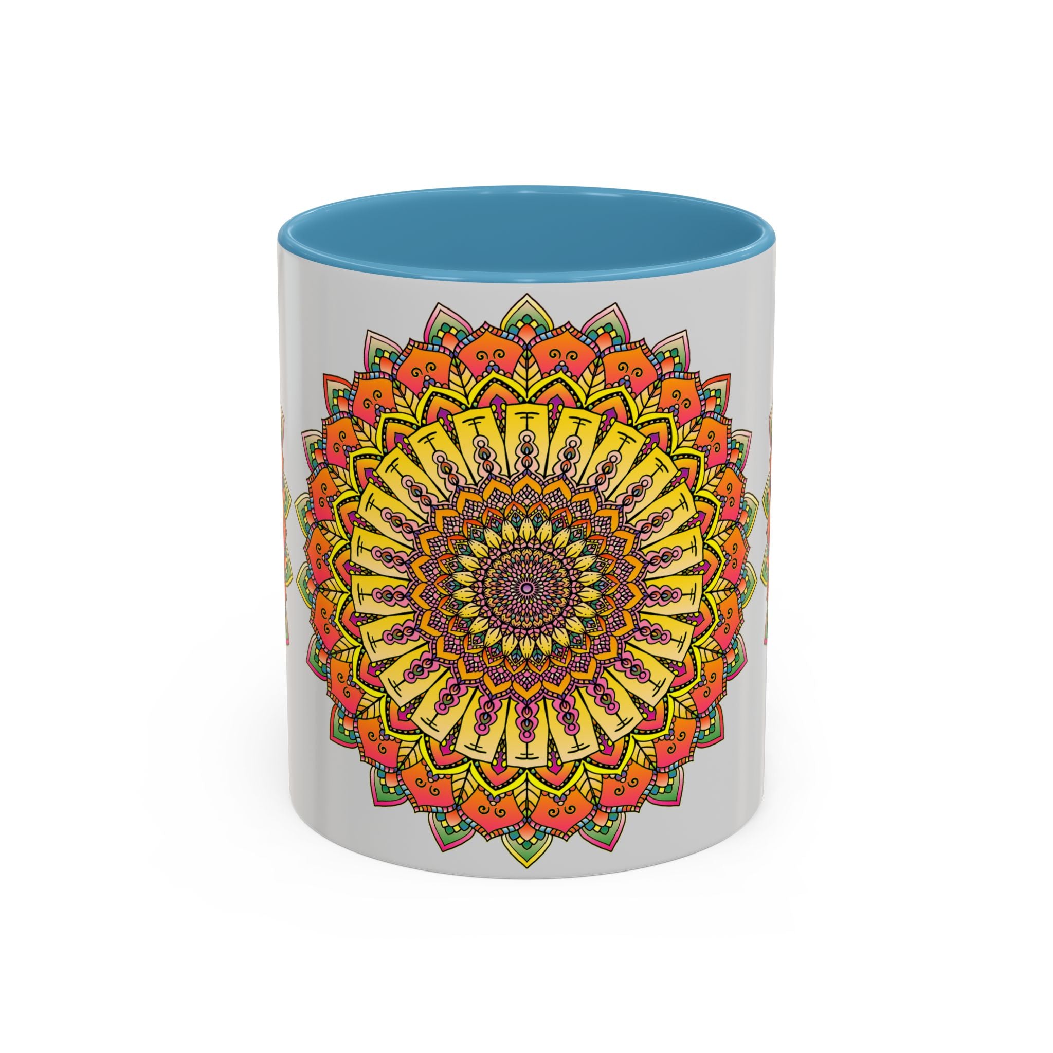 Beautiful and intricate mandala design in vibrant colors on a grey mug