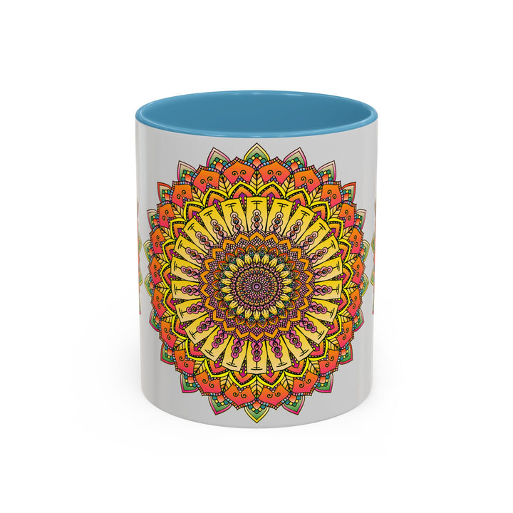 Beautiful and intricate mandala design in vibrant colors on a grey mug