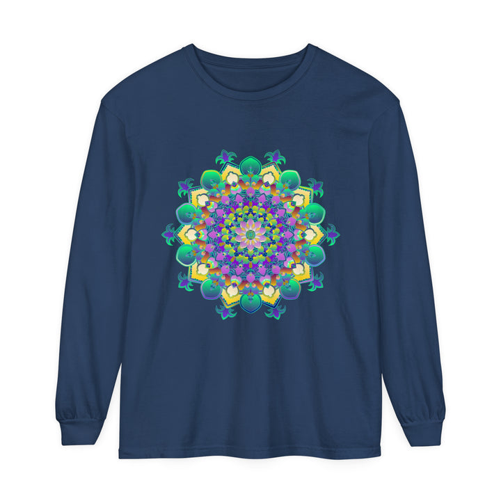 A close-up image of a colorful, intricate mandala design printed on a long sleeve t-shirt