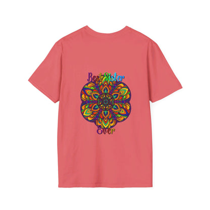 Colorful and intricate mandala art design on a soft unisex t-shirt, perfect as a gift for a sister, hand-drawn and unique