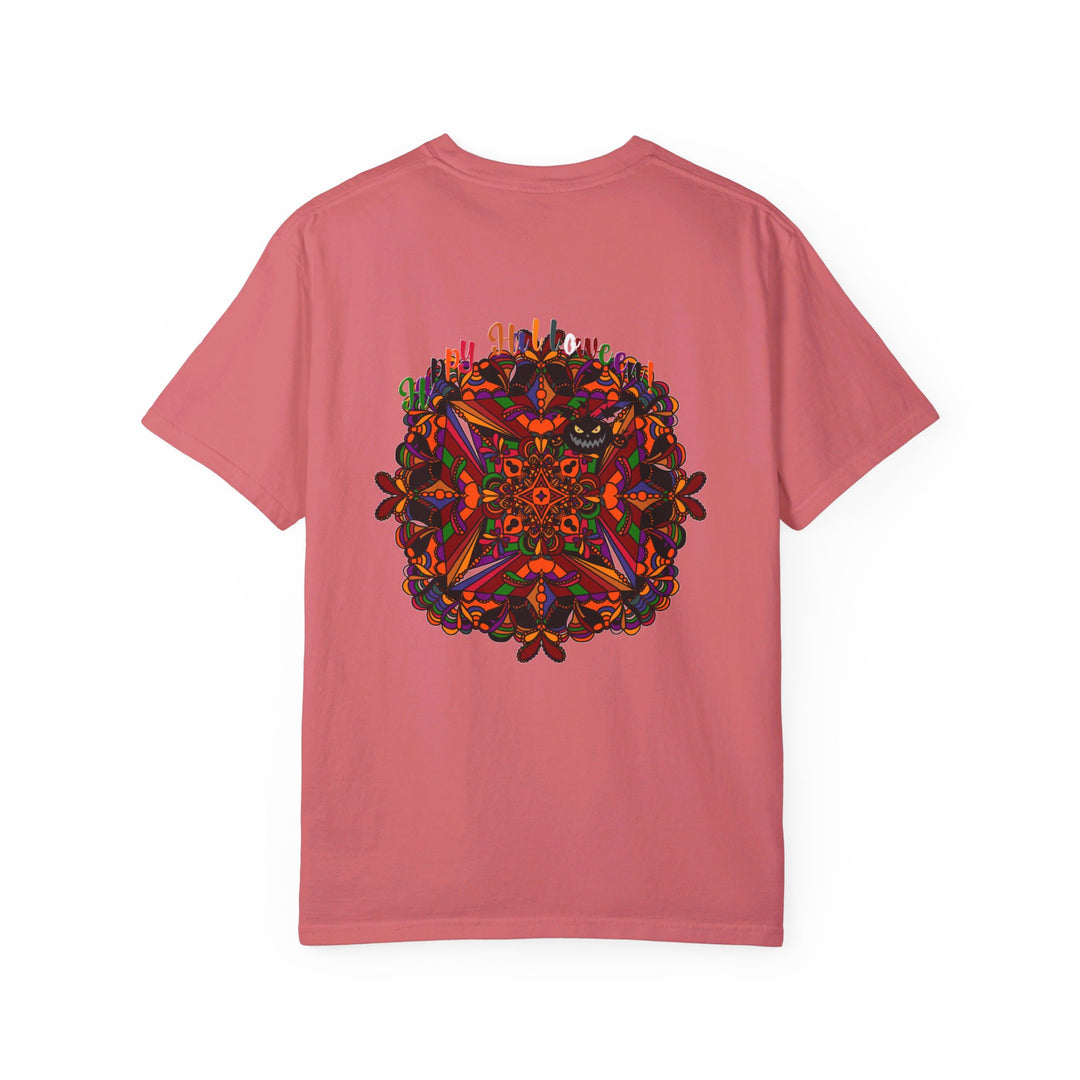 Unisex garment-dyed tee featuring handmade pumpkin mandala art for Halloween