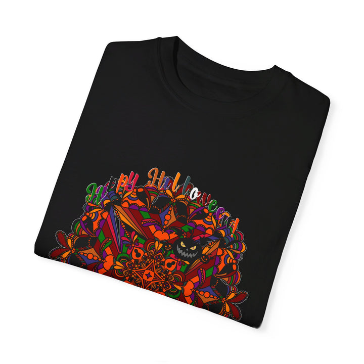 Handmade unisex Halloween Mandala T-shirt featuring intricate pumpkin mandala art, garment-dyed for a unique look and feel