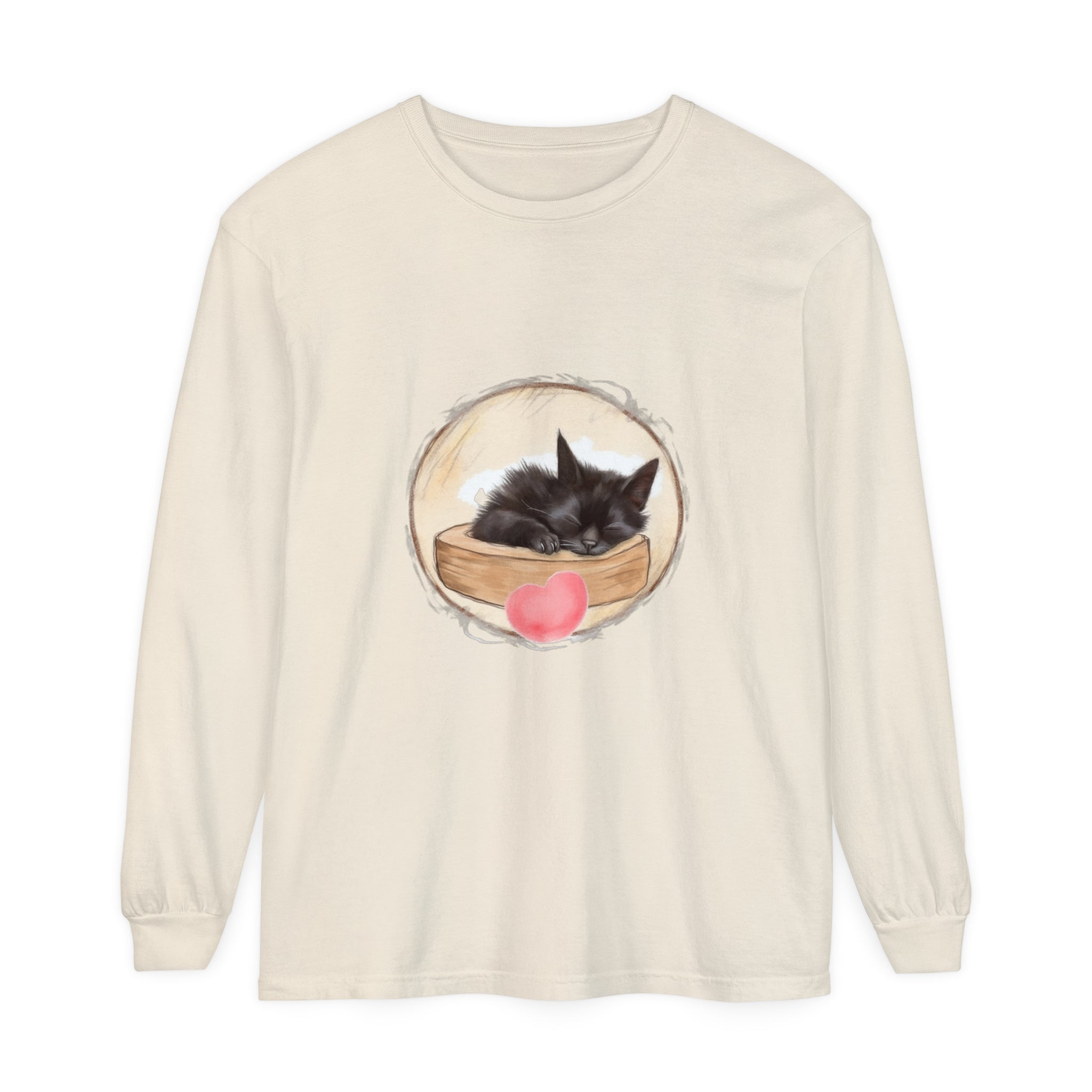 Adorable grey unisex t-shirt featuring a sleeping kitten graphic, perfect for bedtime