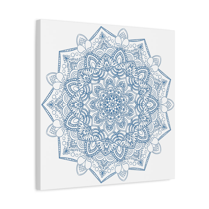 Beautiful handmade mandala art in steel blue, matte canvas, stretched, and 125 inches thick, perfect for adding a touch of elegance to your wall decor