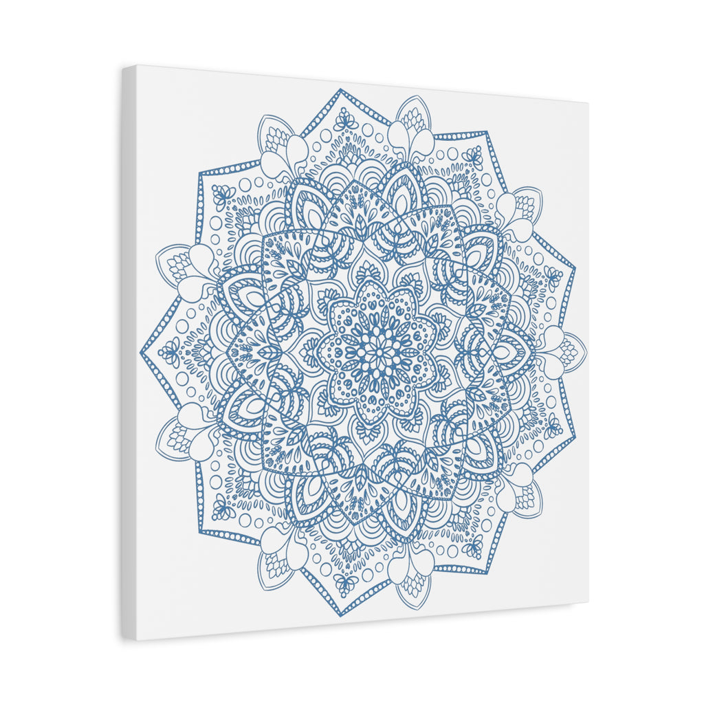 Beautiful handmade mandala art in steel blue, matte canvas, stretched, and 125 inches thick, perfect for adding a touch of elegance to your wall decor