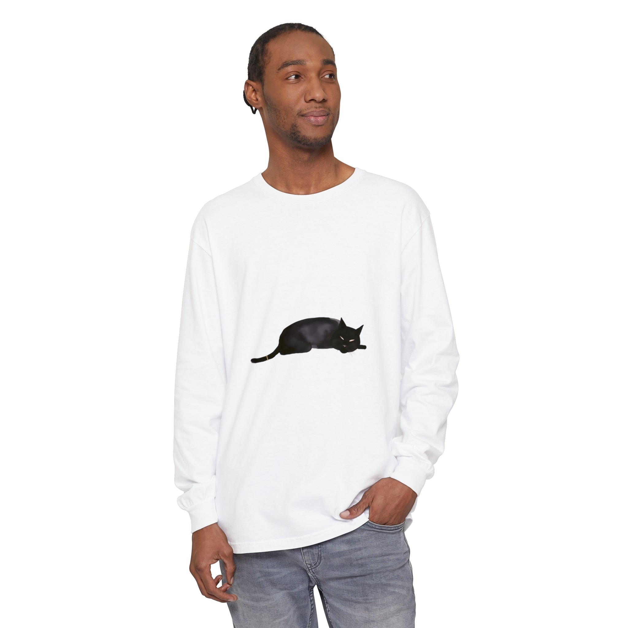 Black cat sleeping on a unisex long sleeve t-shirt, perfect for cat lovers