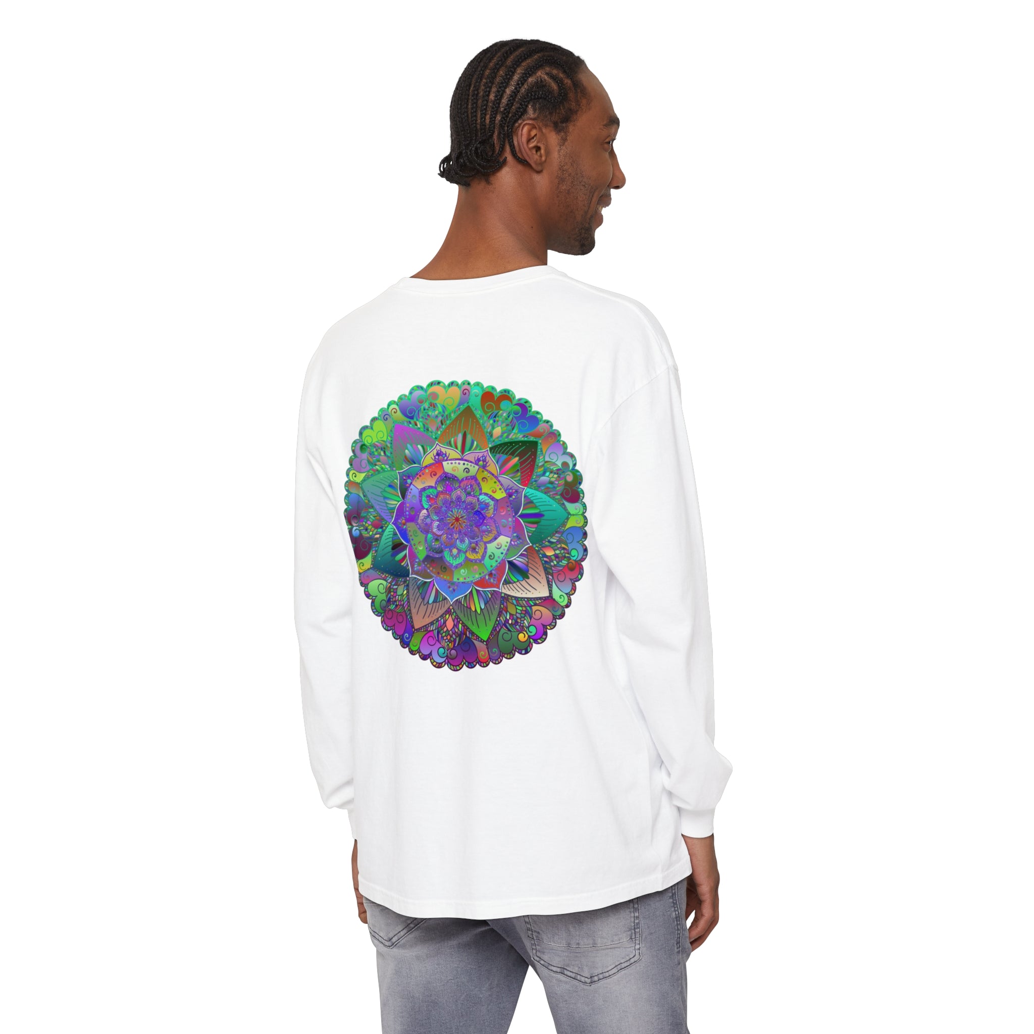 Vibrant Mandala Long Sleeve T-Shirt - Unisex, featuring intricate and colorful mandala design on a high-quality, comfortable long-sleeve shirt