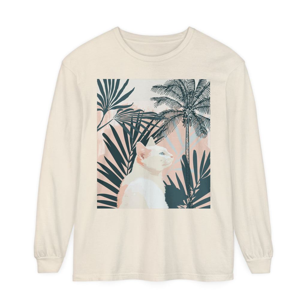 White Cat Tropical Mandala Long Sleeve T-Shirt with vibrant colors and intricate design