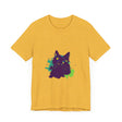 A close-up image of a purple cat mystery t-shirt with an abstract design featuring vibrant colors and unique patterns