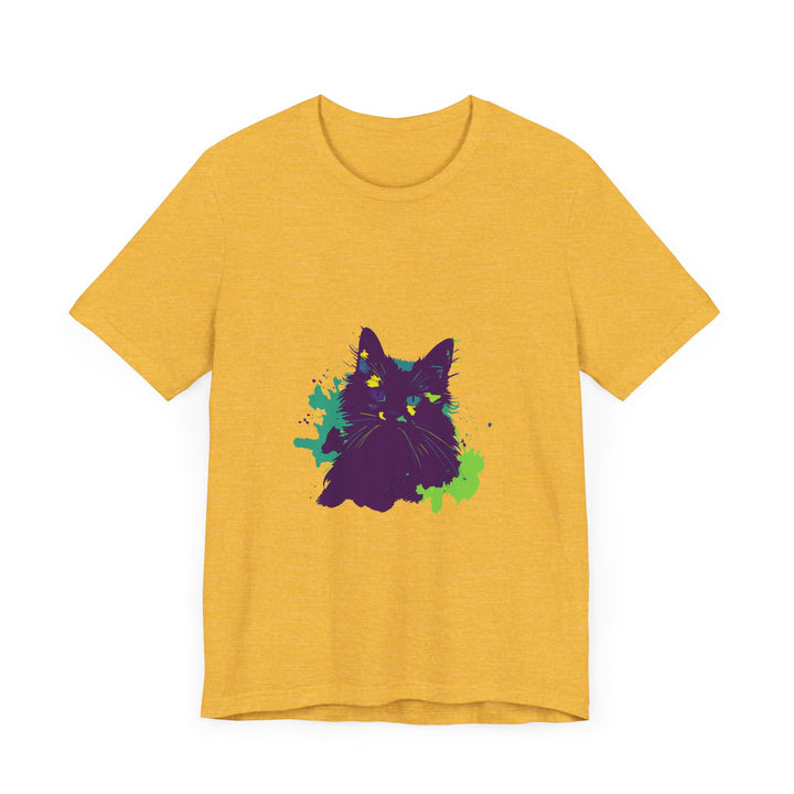 A close-up image of a purple cat mystery t-shirt with an abstract design featuring vibrant colors and unique patterns