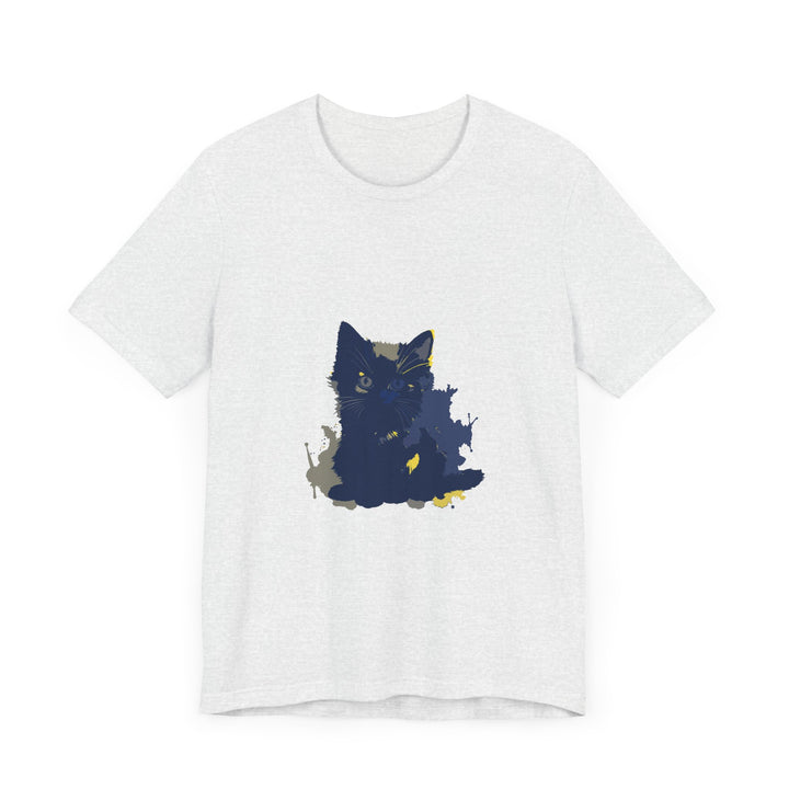 A close-up image of a midnight blue cat mystery t-shirt, featuring a mysterious cat with glowing eyes against a dark background