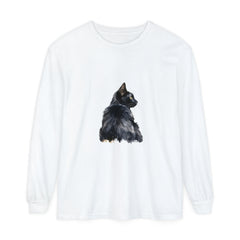 Black Cat Watercolor Long Sleeve T-Shirt, featuring a vibrant watercolor cat design on a black long sleeve shirt