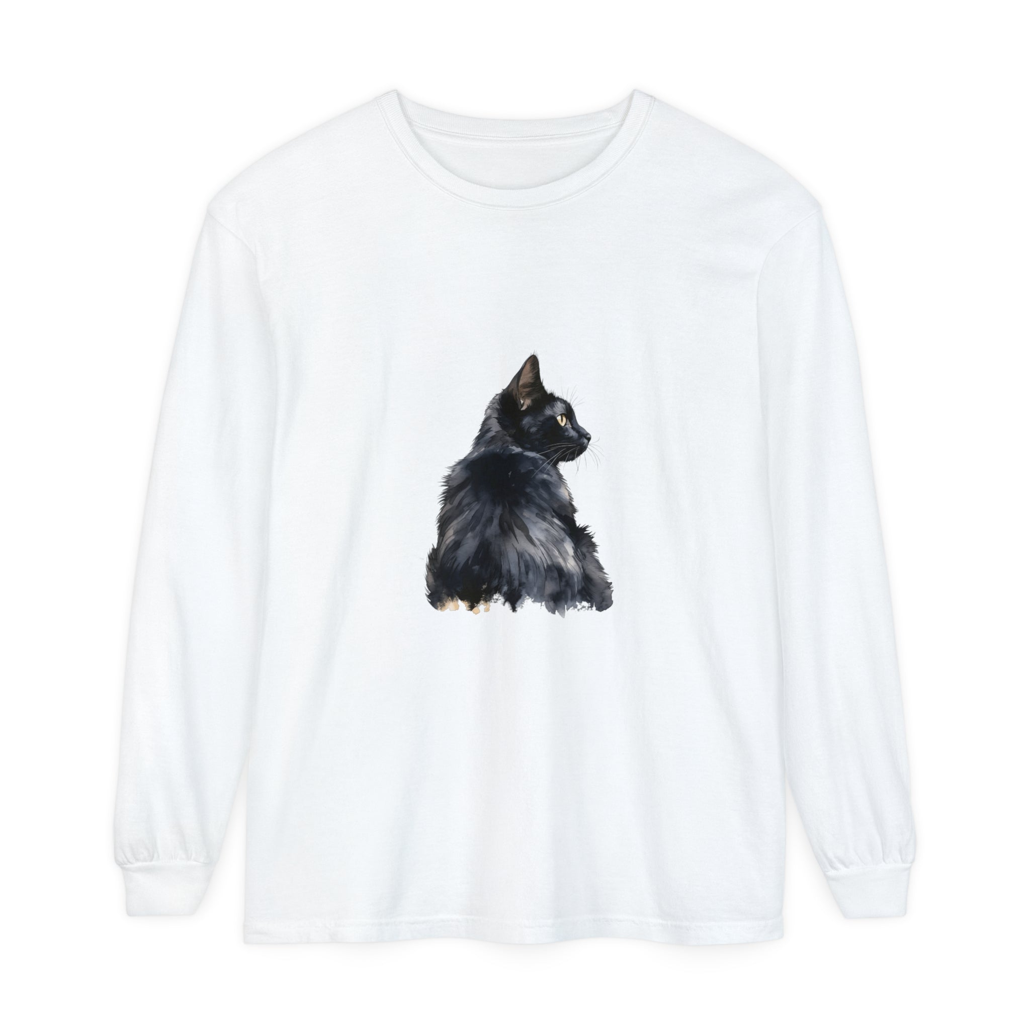 Black Cat Watercolor Long Sleeve T-Shirt, featuring a vibrant watercolor cat design on a black long sleeve shirt