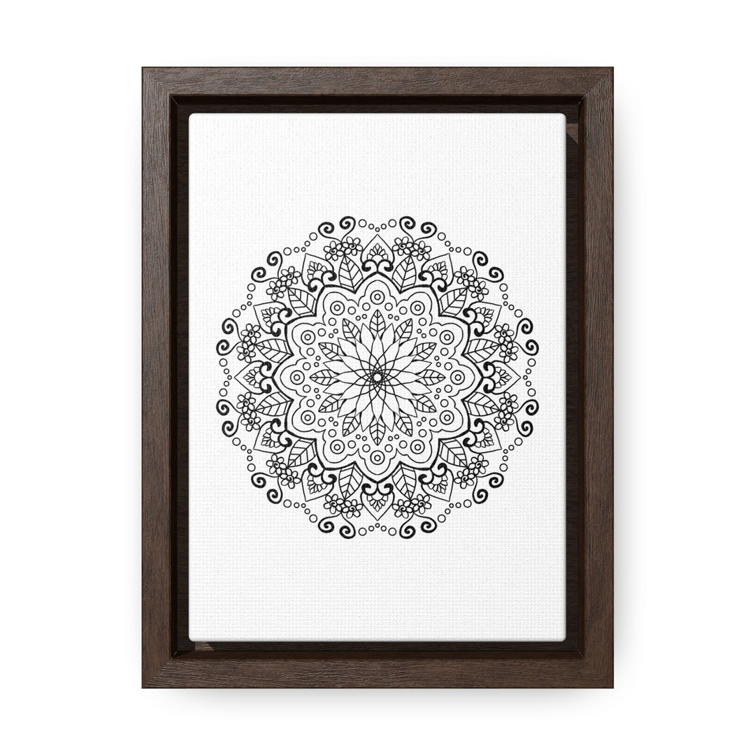 Handmade black and white mandala art on gallery canvas wraps in vertical frame