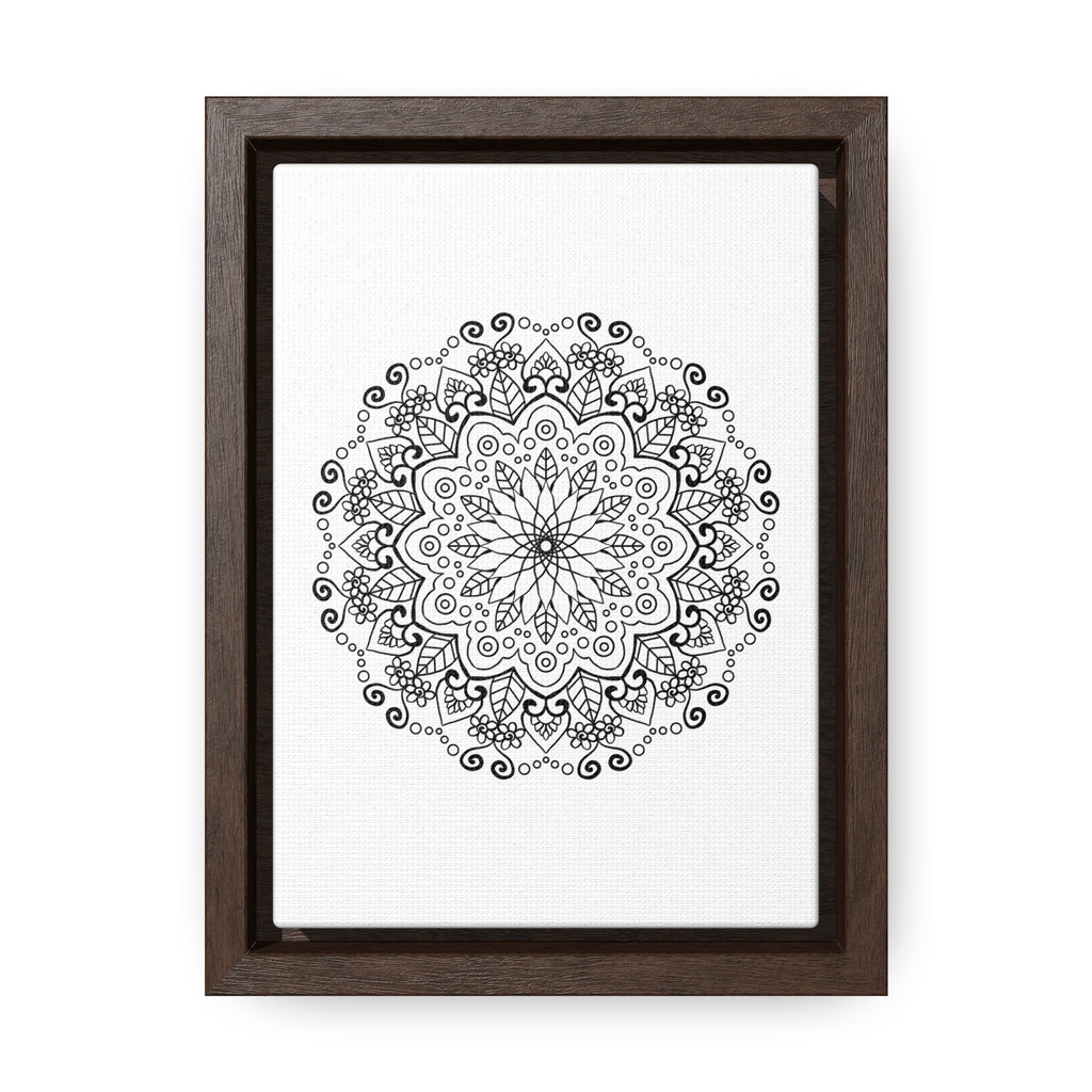 Handmade black and white mandala art on gallery canvas wraps in vertical frame