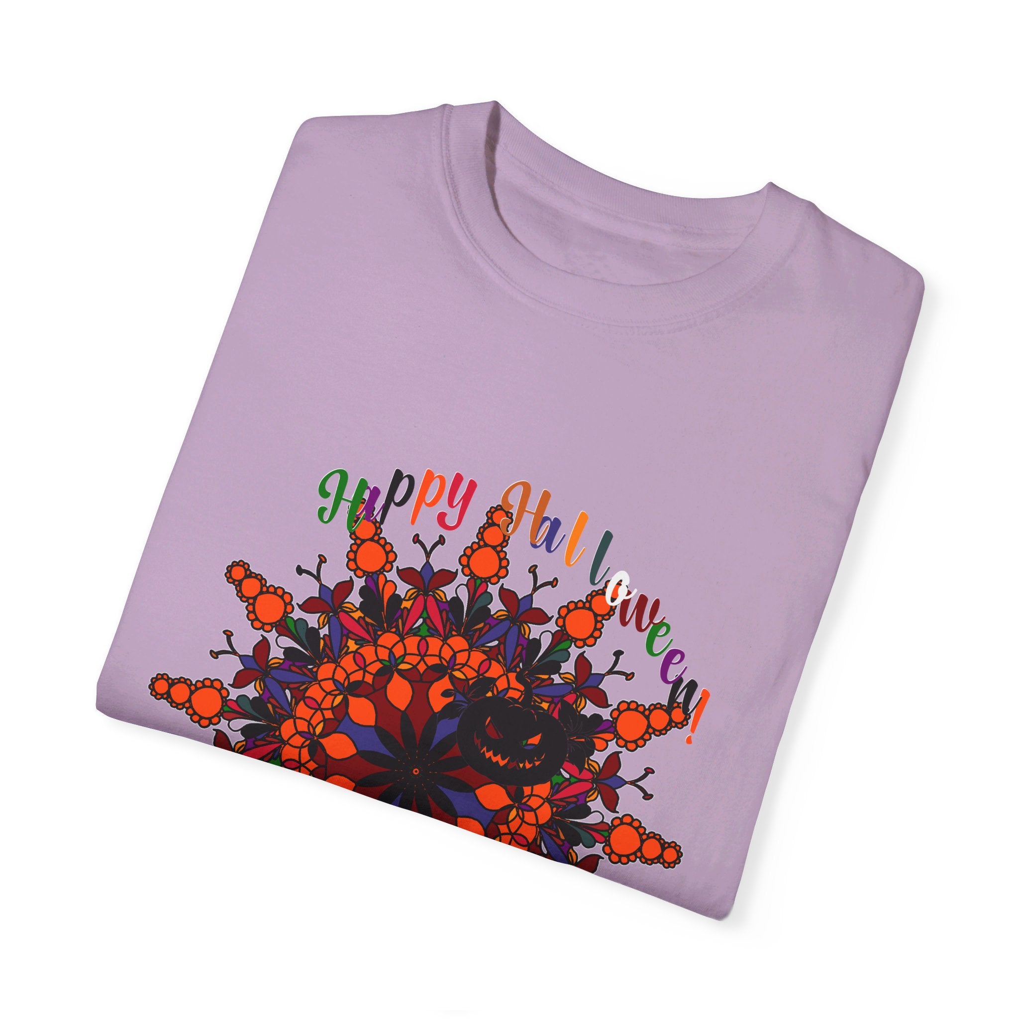 Unisex Halloween Mandala T-shirt featuring handmade pumpkin mandala art, on a garment-dyed tee