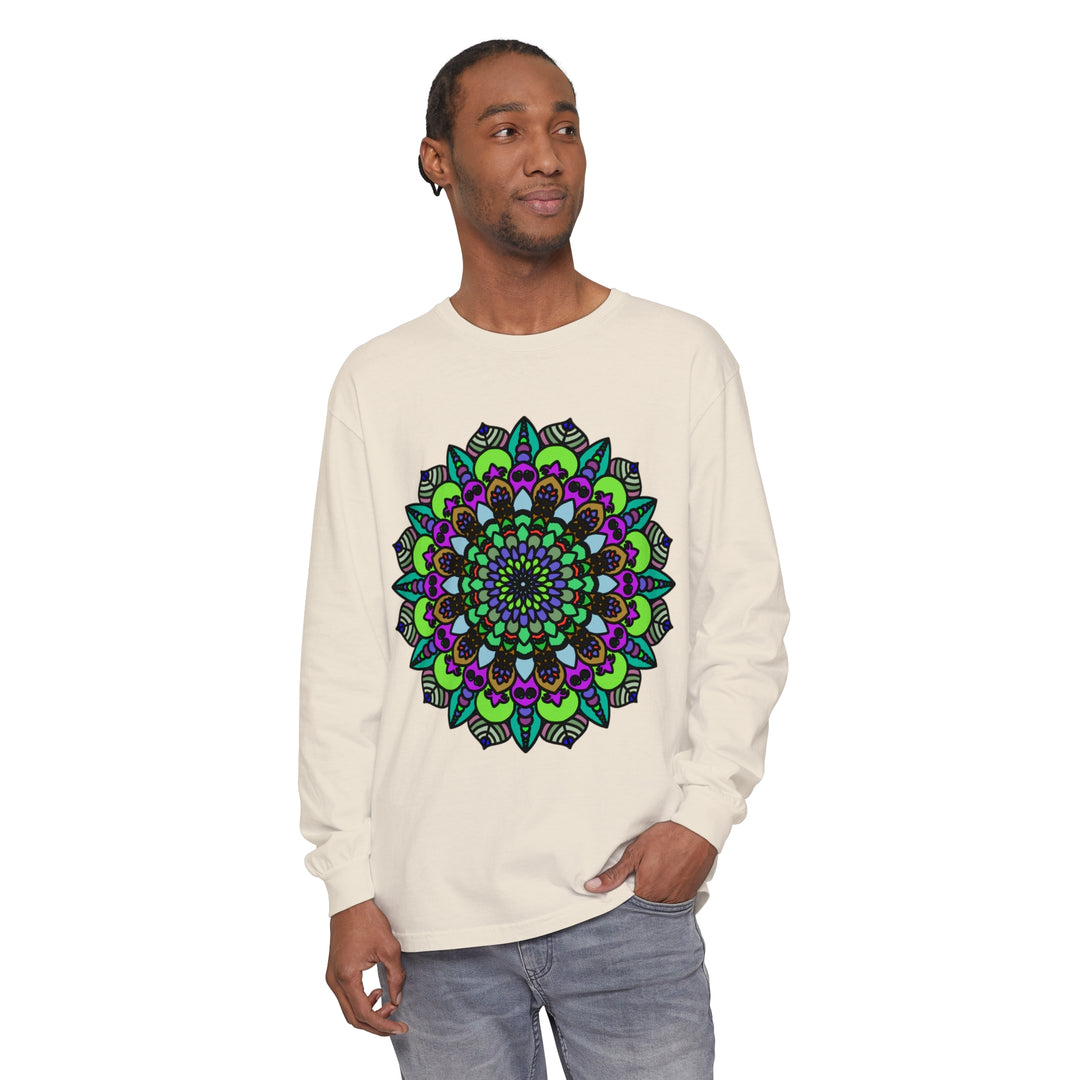 Colorful and intricate mandala design on a unisex long sleeve t-shirt