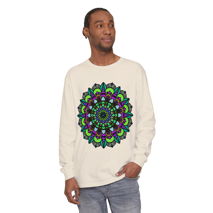 Colorful and intricate mandala design on a unisex long sleeve t-shirt