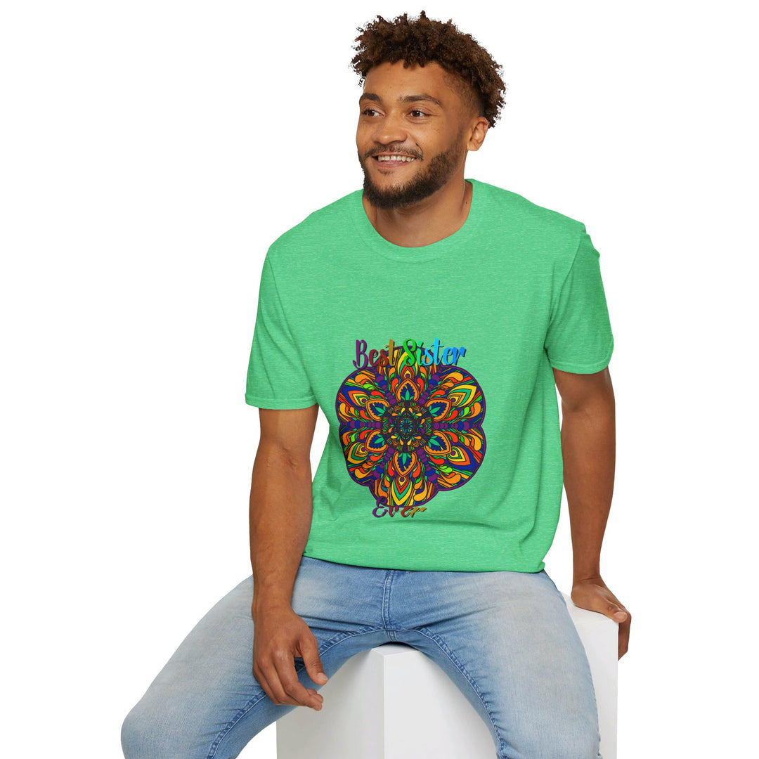 Beautiful hand-drawn mandala art design on soft unisex t-shirt, perfect gift for sister