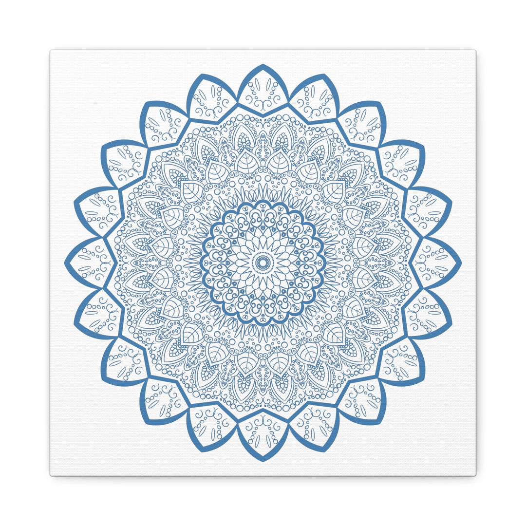 Handmade Mandala Art with intricate steel blue design on matte canvas