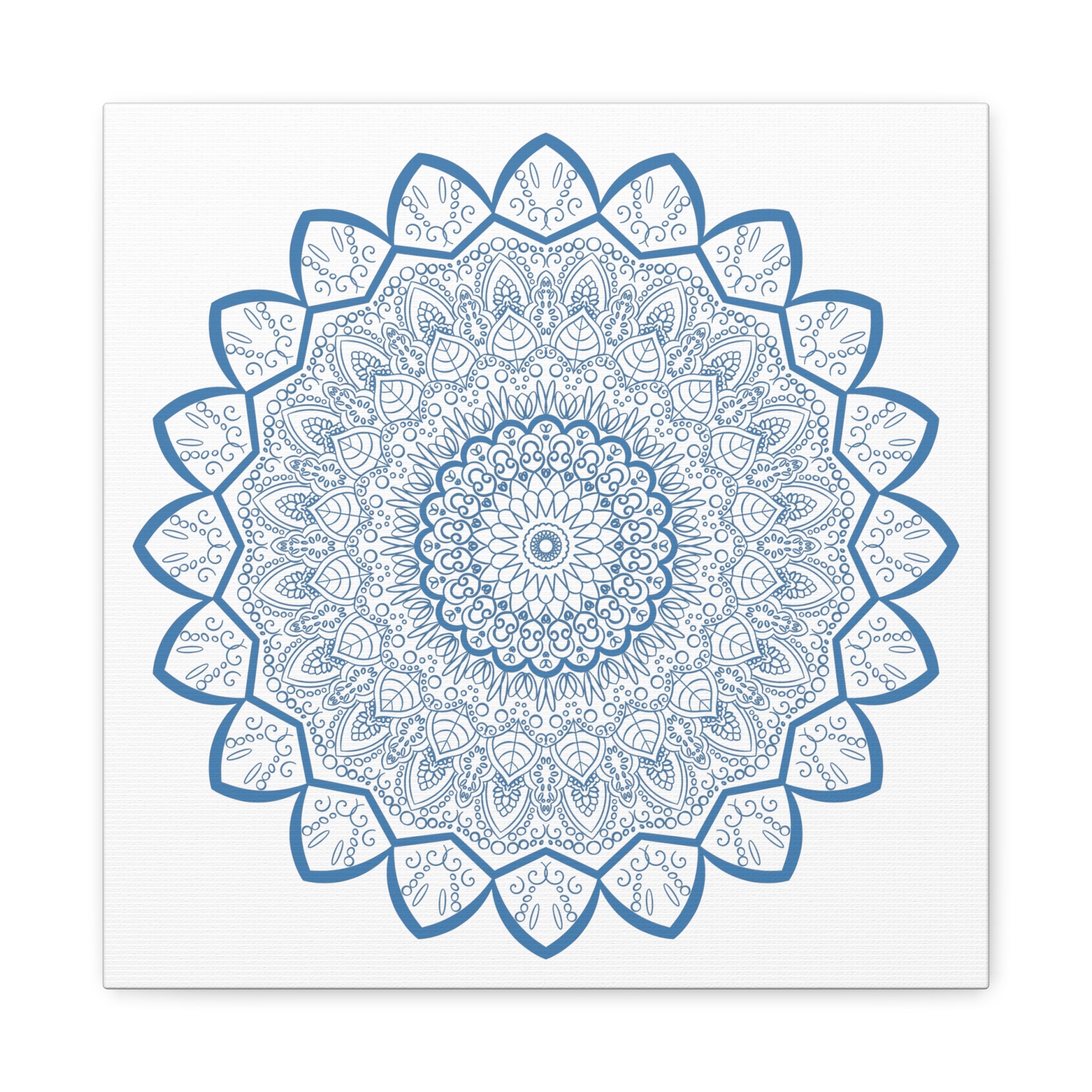 Handmade Mandala Art with intricate steel blue design on matte canvas