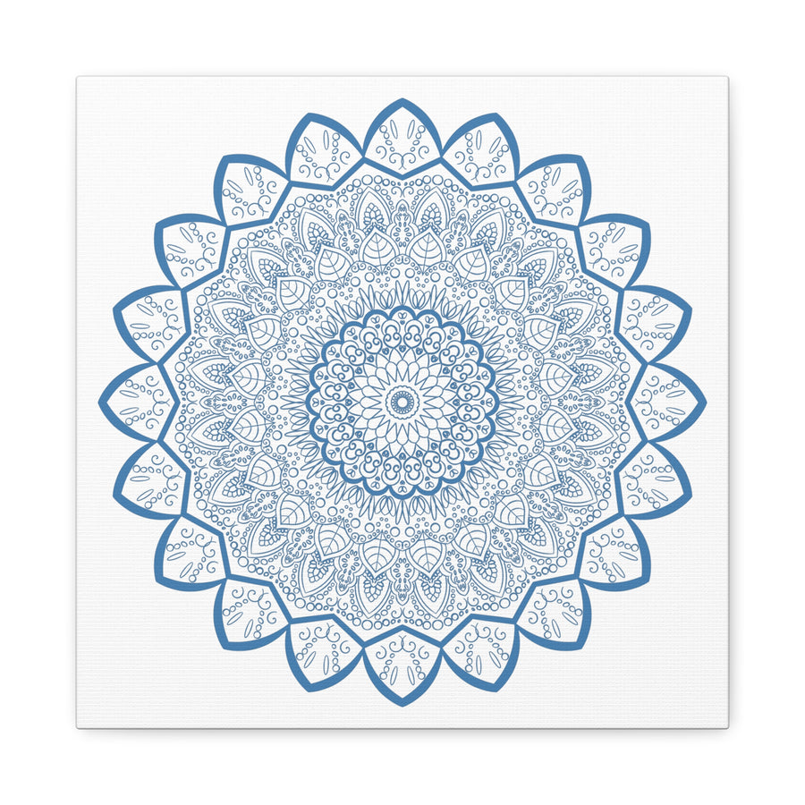 Handmade Mandala Art with intricate steel blue design on matte canvas