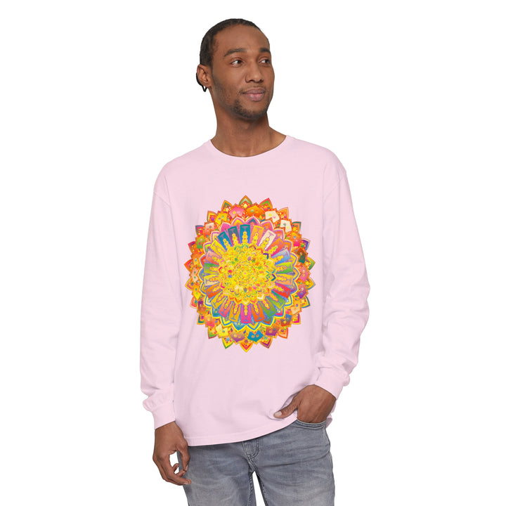 Abstract and detailed mandala design, printed on a unisex long sleeve T-shirt