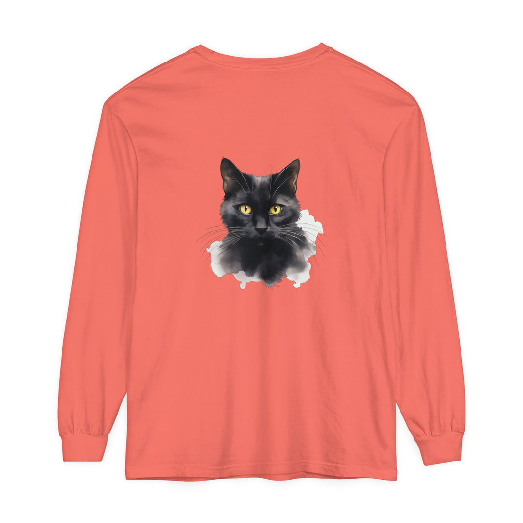  Unisex Long Sleeve T-Shirt showcasing Black Cat Portrait 