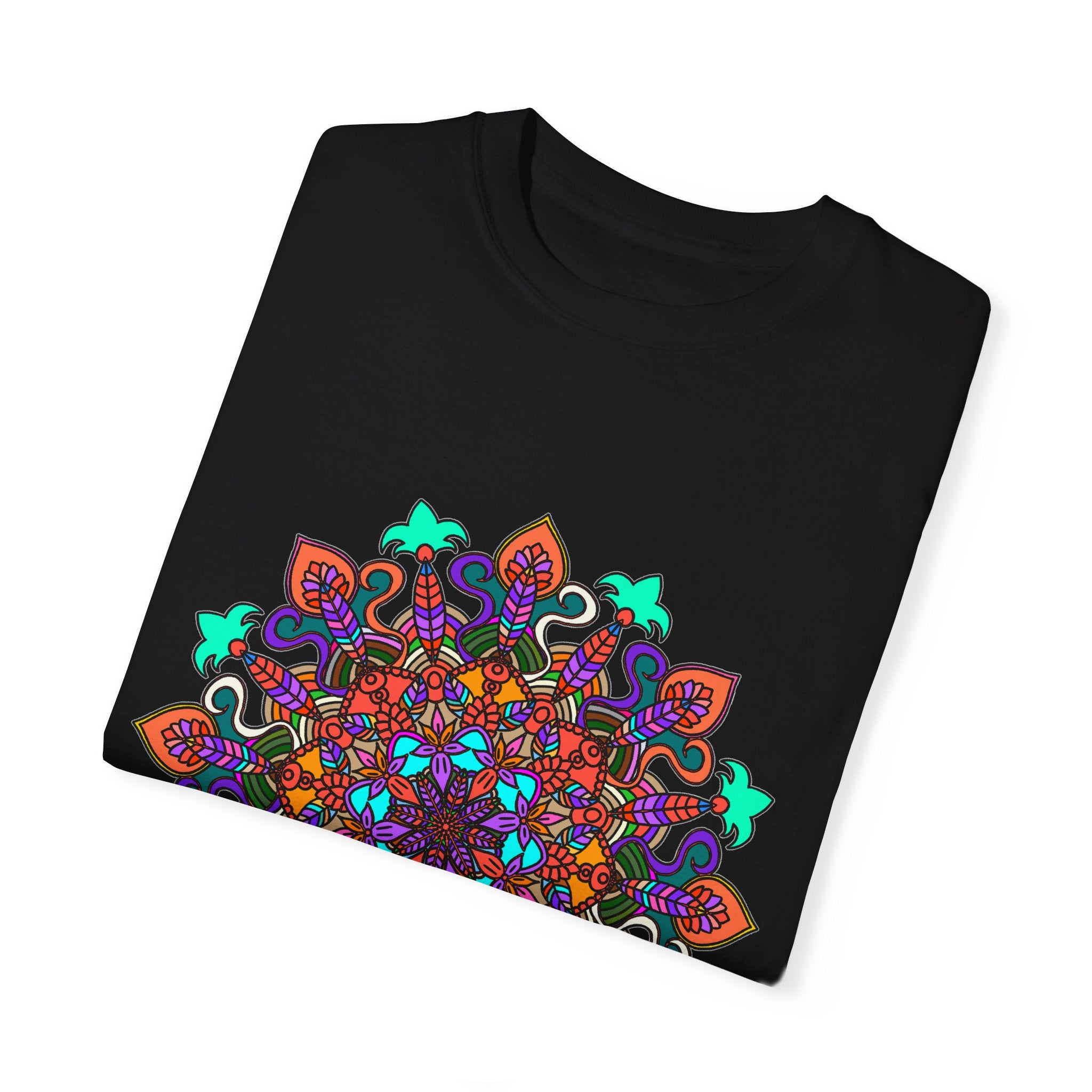 Unisex mandala t-shirt made from 100% ring-spun cotton, hand-drawn mandala art, garment-dyed for extra comfort