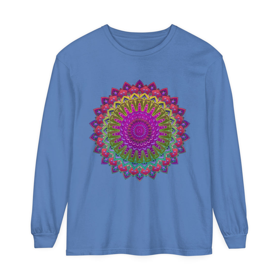 Vibrant Mandala Unisex Long Sleeve T-Shirt Back View with Elaborate Design