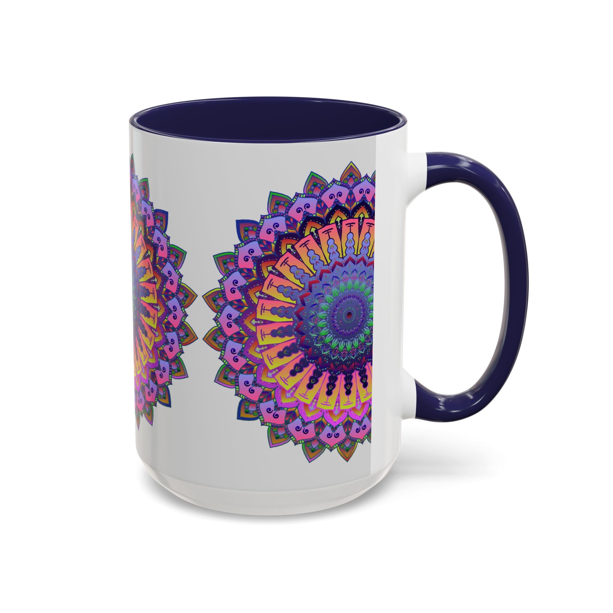 A close-up image of a grey ceramic mug with vibrant mandala art design, perfect for adding a pop of color to your morning coffee routine