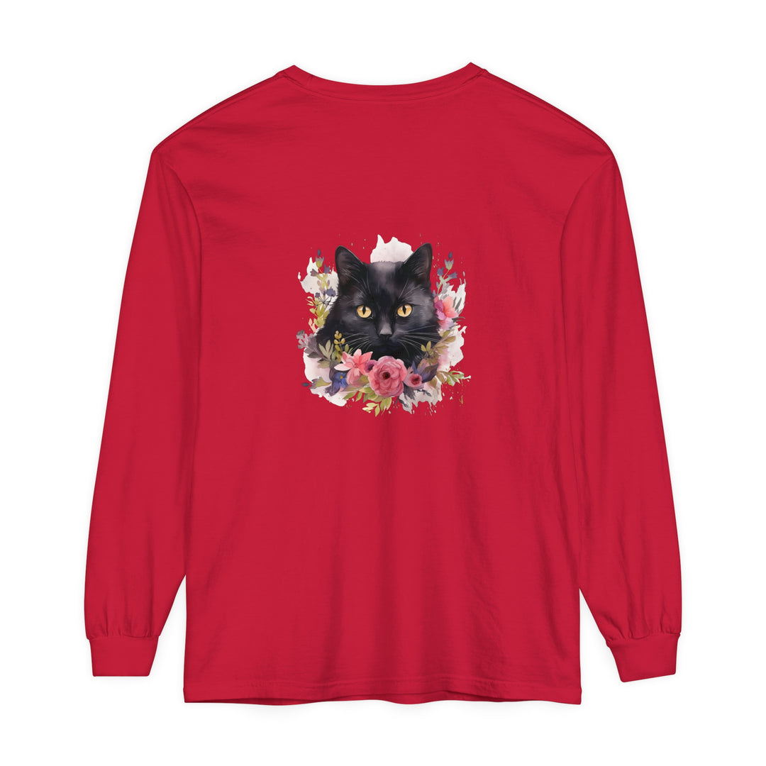 Black Cat Floral Watercolor Long Sleeve T-Shirt with vibrant hand-painted design