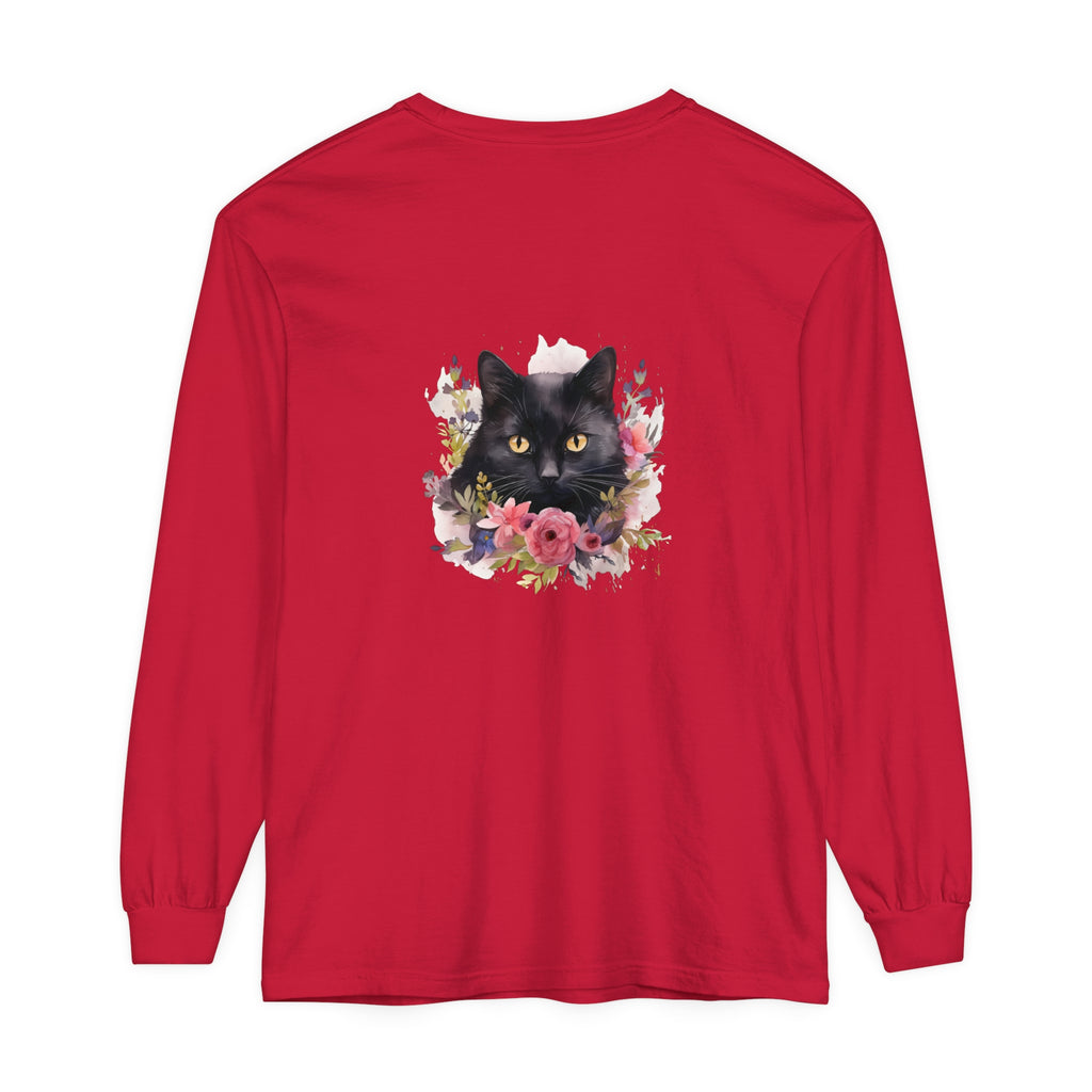 Black Cat Floral Watercolor Long Sleeve T-Shirt with vibrant hand-painted design