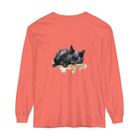 A beautiful watercolor illustration of a black cat peacefully sleeping on a t-shirt