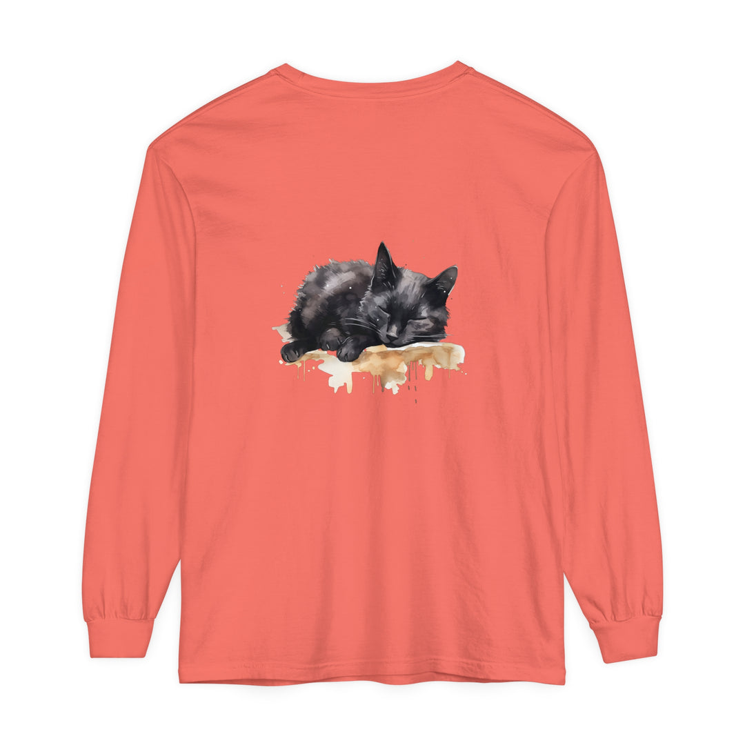 A beautiful watercolor illustration of a black cat peacefully sleeping on a t-shirt