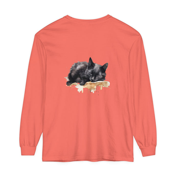 A beautiful watercolor illustration of a black cat peacefully sleeping on a t-shirt