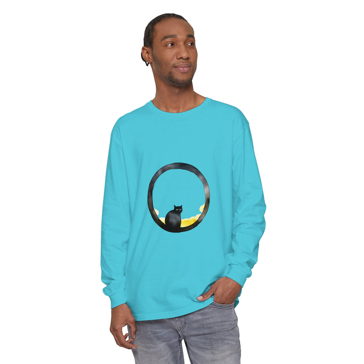 Black Cat Moon Glow Long Sleeve T-Shirt: A black shirt with a glowing moon and a silhouette of a cat