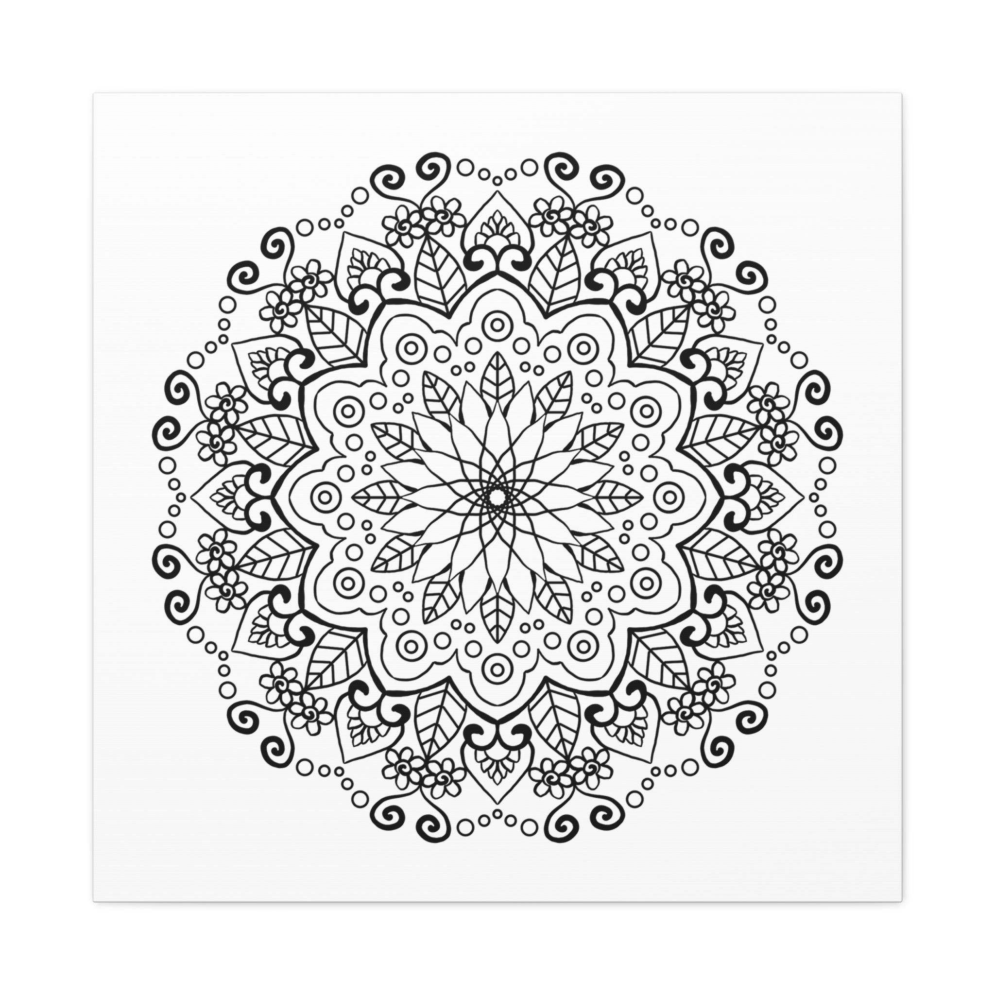 Handmade black and white mandala art on matte canvas, stretched, 125 inches