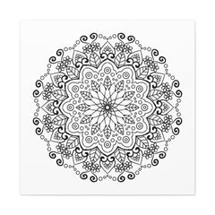 Handmade black and white mandala art on matte canvas, stretched, 125 inches