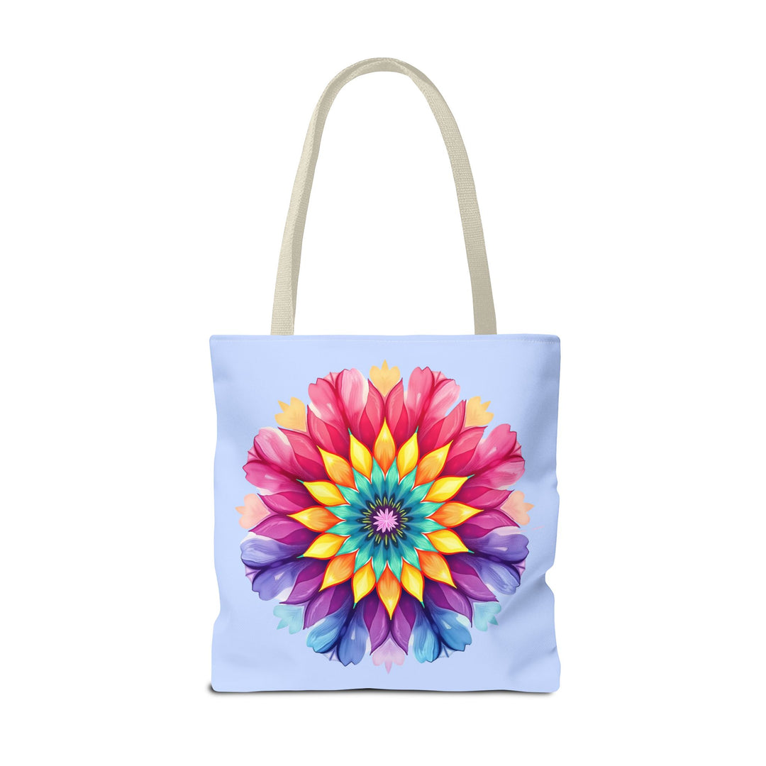 Colorful and vibrant Rainbow Mandala Tote Bag featuring intricate geometric design